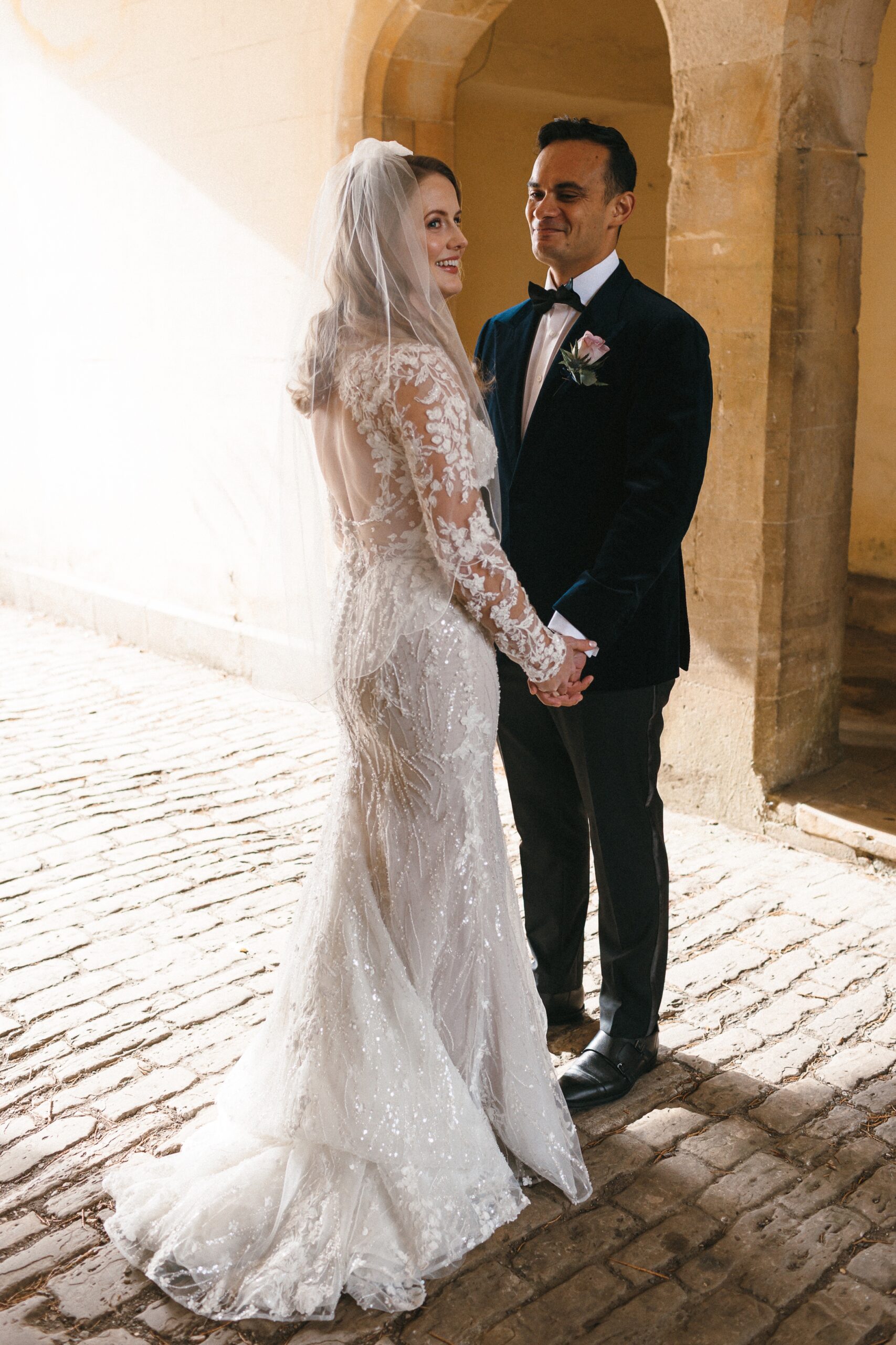 Orchardleigh Wedding First Look outside the castle