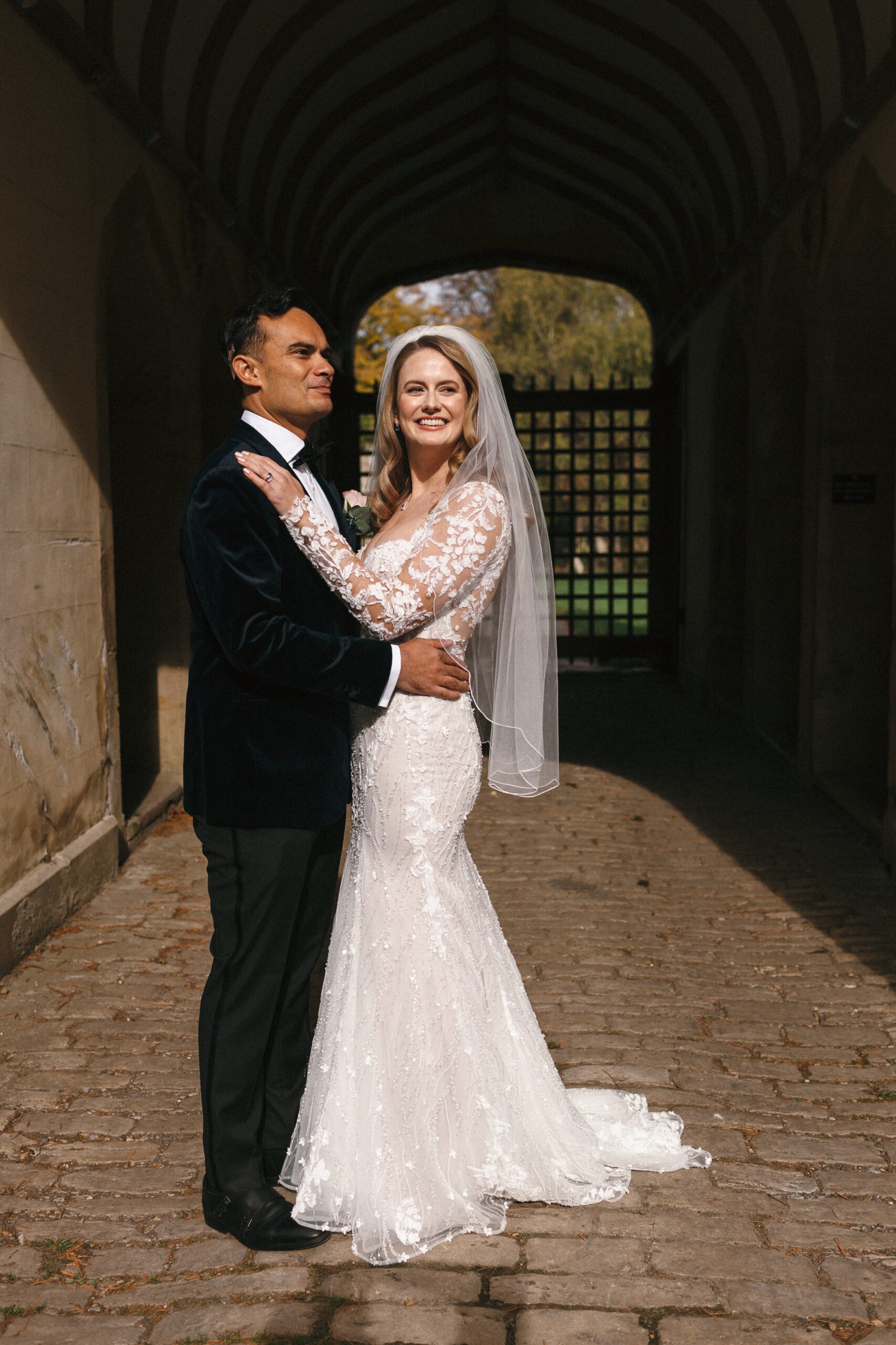 Orchardleigh Wedding Couple outside the castle