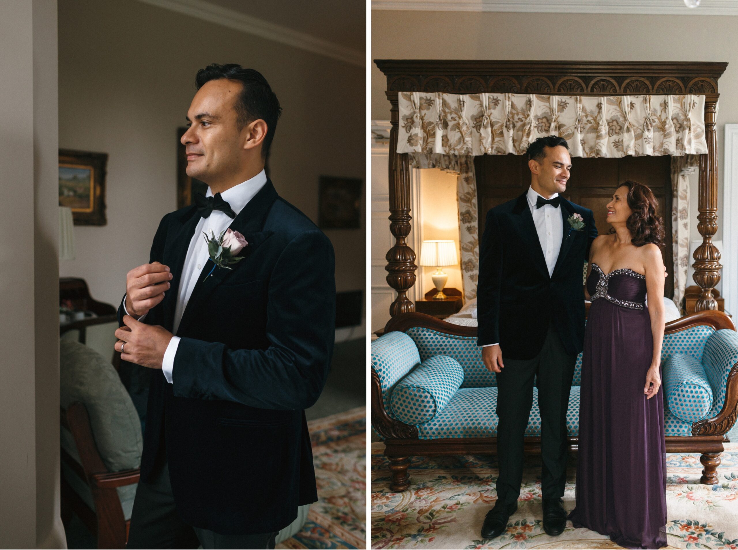 Groom prepares for wedding at Orchardleigh House in Somerset