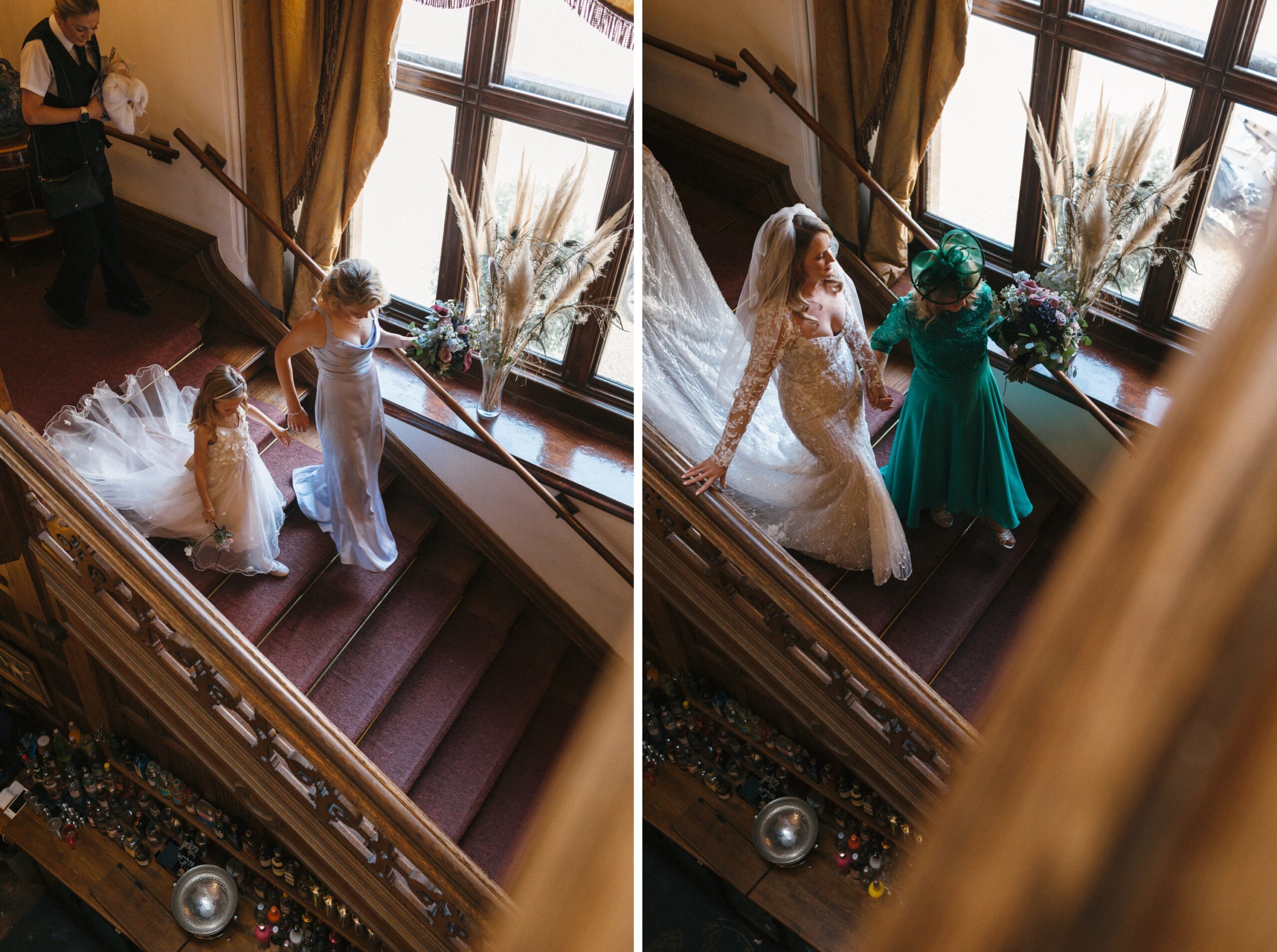 Bride descends the elegant stairway at Orchardleigh Estate